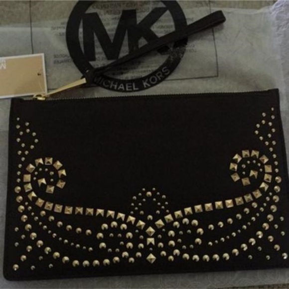 NWT Michael Kors Large Rhea Studded Lg Zip Clutch Dark Chocolate Almost Black - Picture 3 of 7